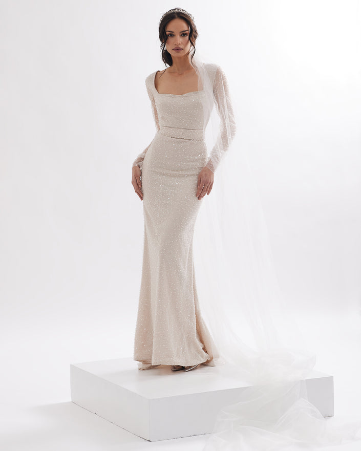 Sophisticated wedding dress with crystals, square neckline and transparent sleeves