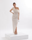 Chic asymmetrical-cut wedding dress with feathers and crystals