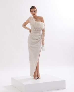 Chic asymmetrical-cut wedding dress with feathers and crystals