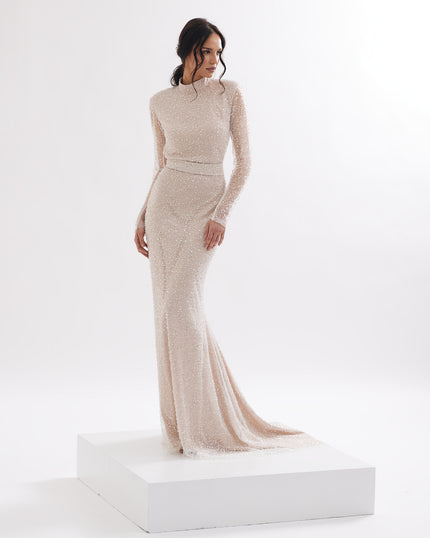 Sophisticated mermaid wedding dress with beading, half roll and open back