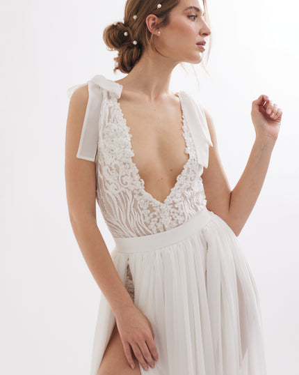 Two-piece unique wedding dress  with handmade lace, bows and slits