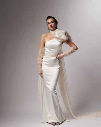 Unique mermaid cut wedding dress with neck detail and puff bow