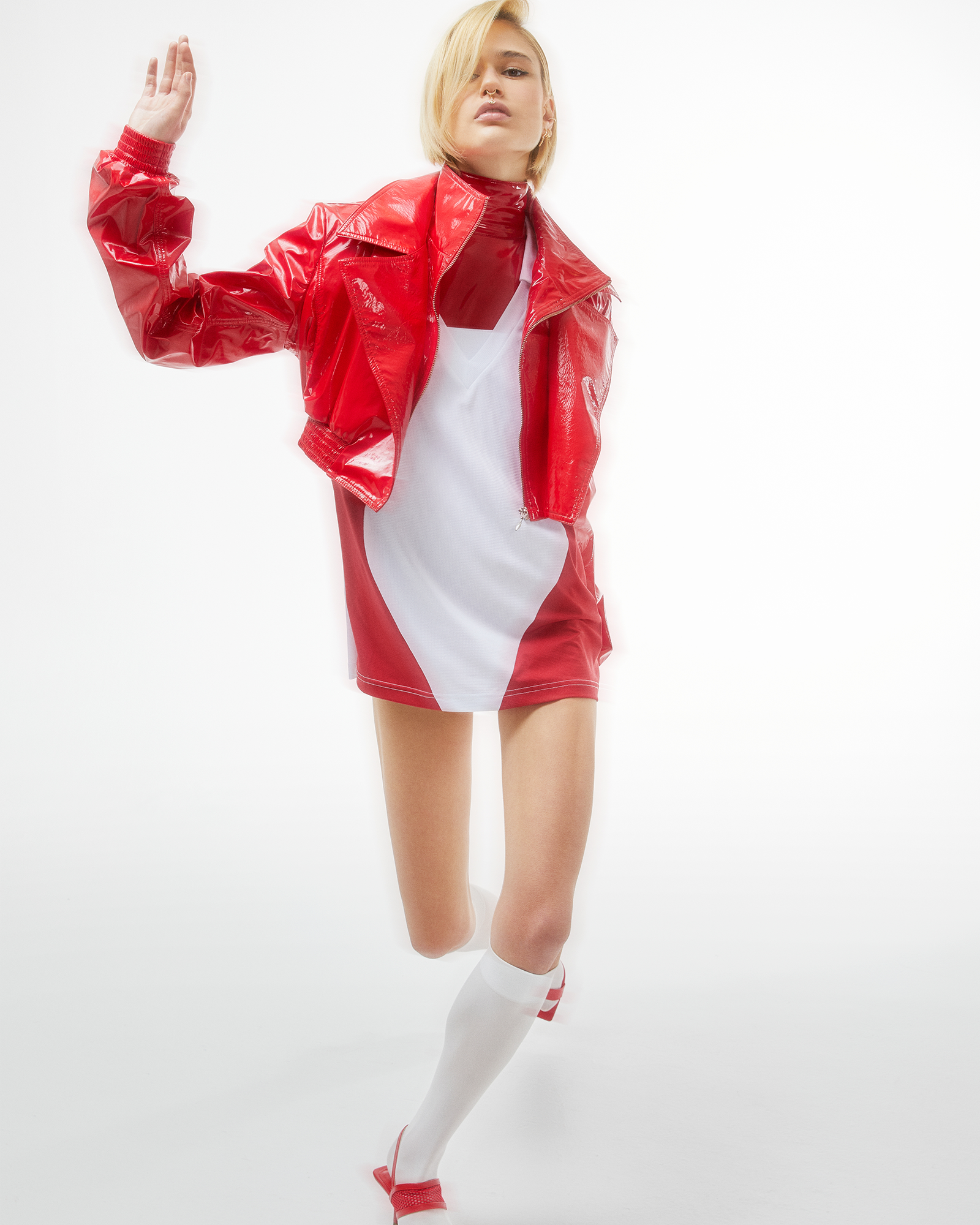 Croped latex jacket in red